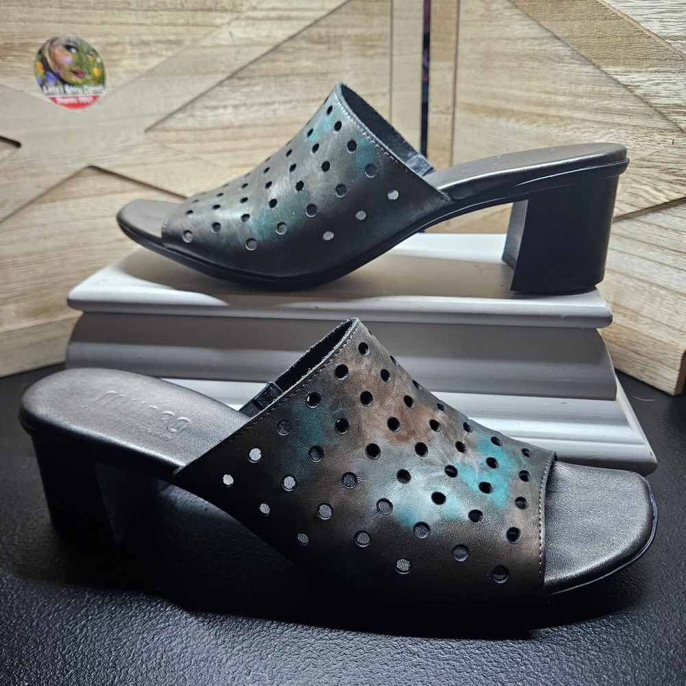 Munro Sandals 10 N Teal Jules‎ "Patina" Metallic Perforated Block Heel Mule #613